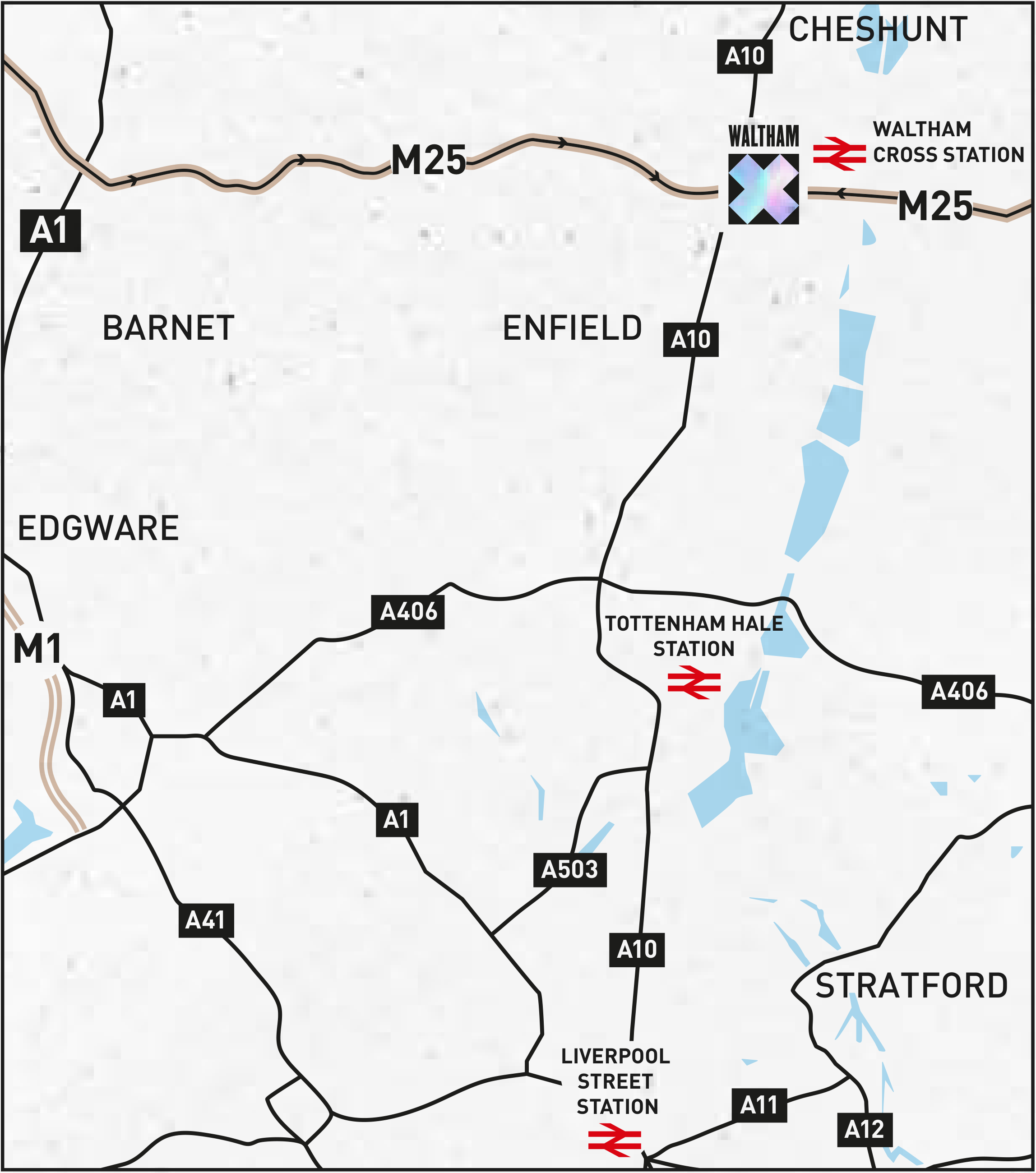 Regional map showing Waltham X on the M25 north of Enfield, with routes to Tottenham Hale, Liverpool Street and Stratford